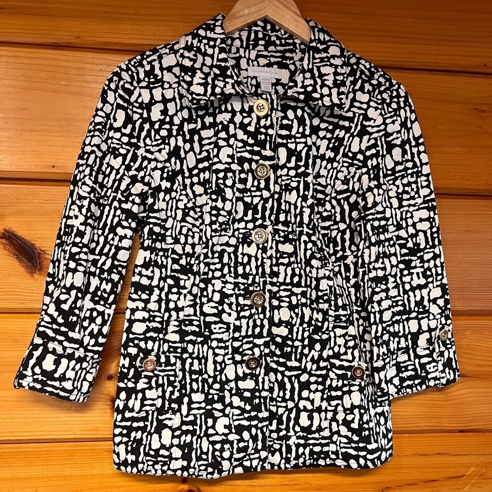 Charter Club M Black and White Jacket with Gold Button Accents; 3/4 Sleeve